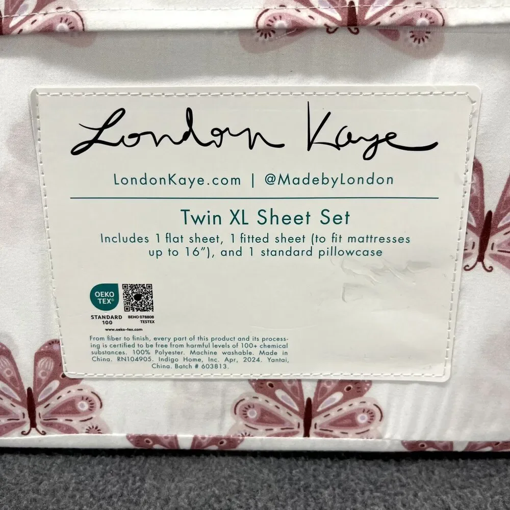 London Kaye TWIN XL Sheet Set White Pink Butterfly 4pc‎